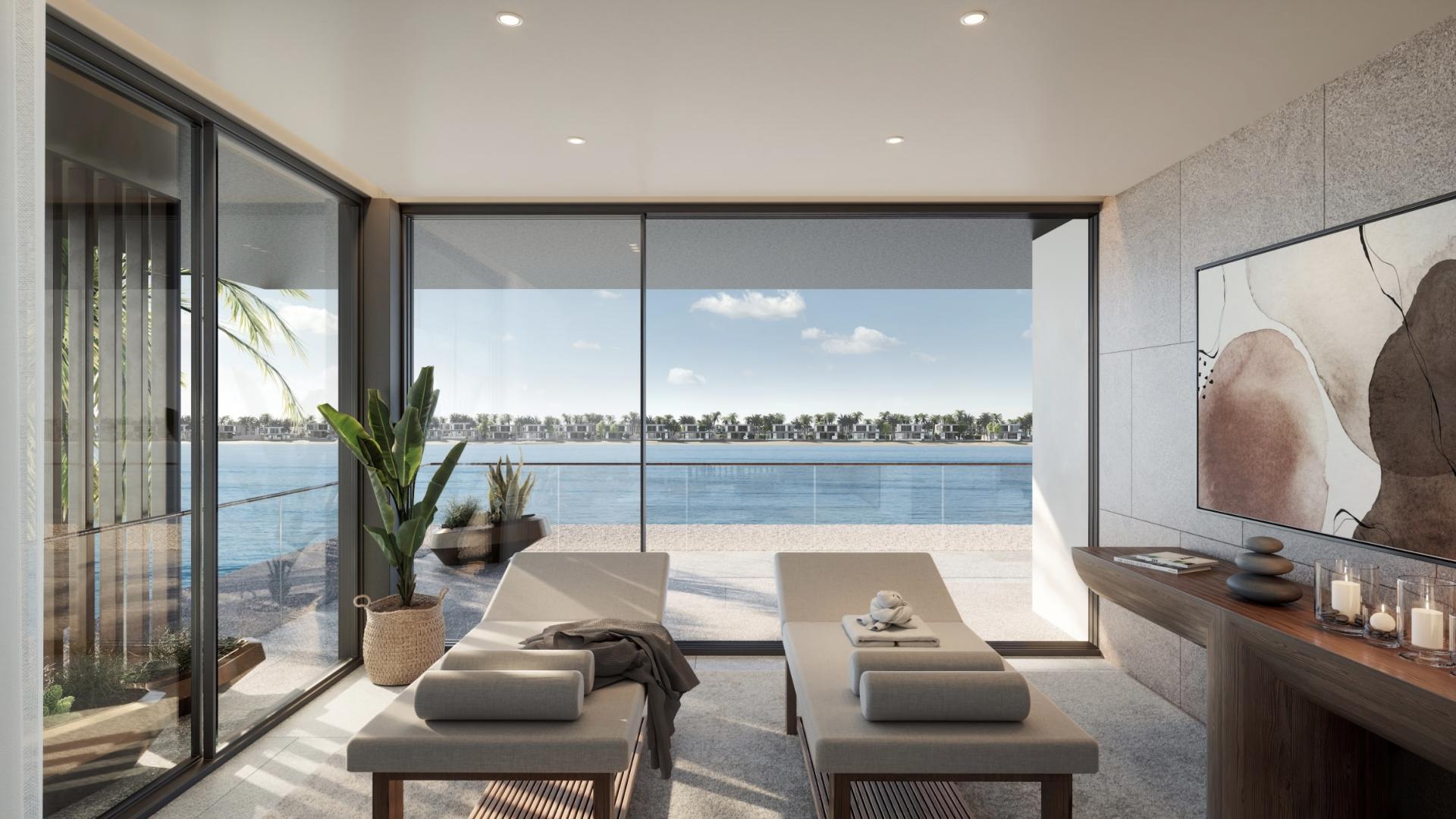 Luxurious open-plan living room with sea view in Palm Jebel Ali villa, Dubai