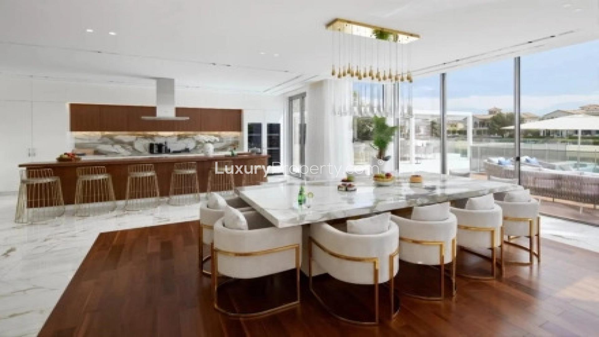 Luxurious living room in Signature Villas, Palm Jumeirah with elegant decor and waterfront view