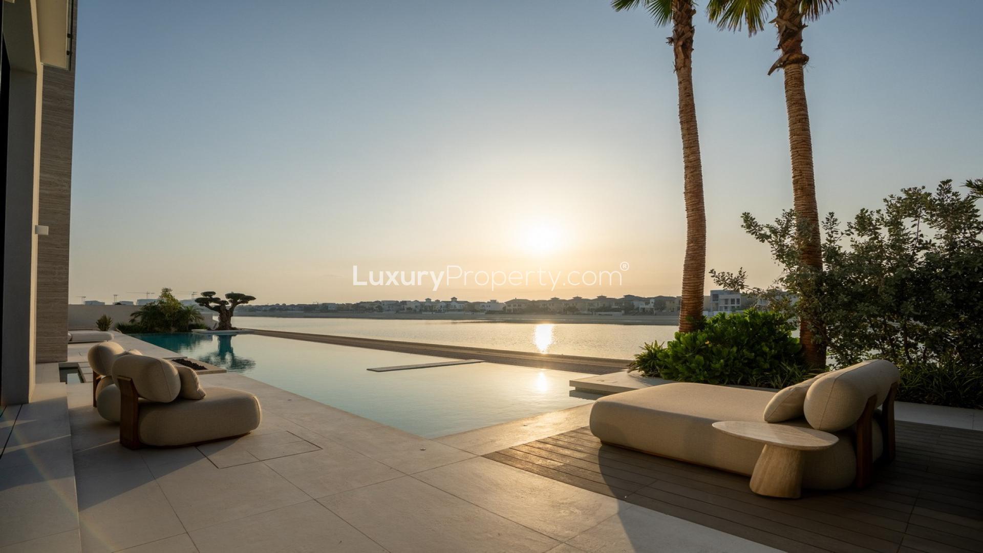 Modern six-bedroom villa exterior in Palm Jumeirah's Signature Villas community, featuring sleek design