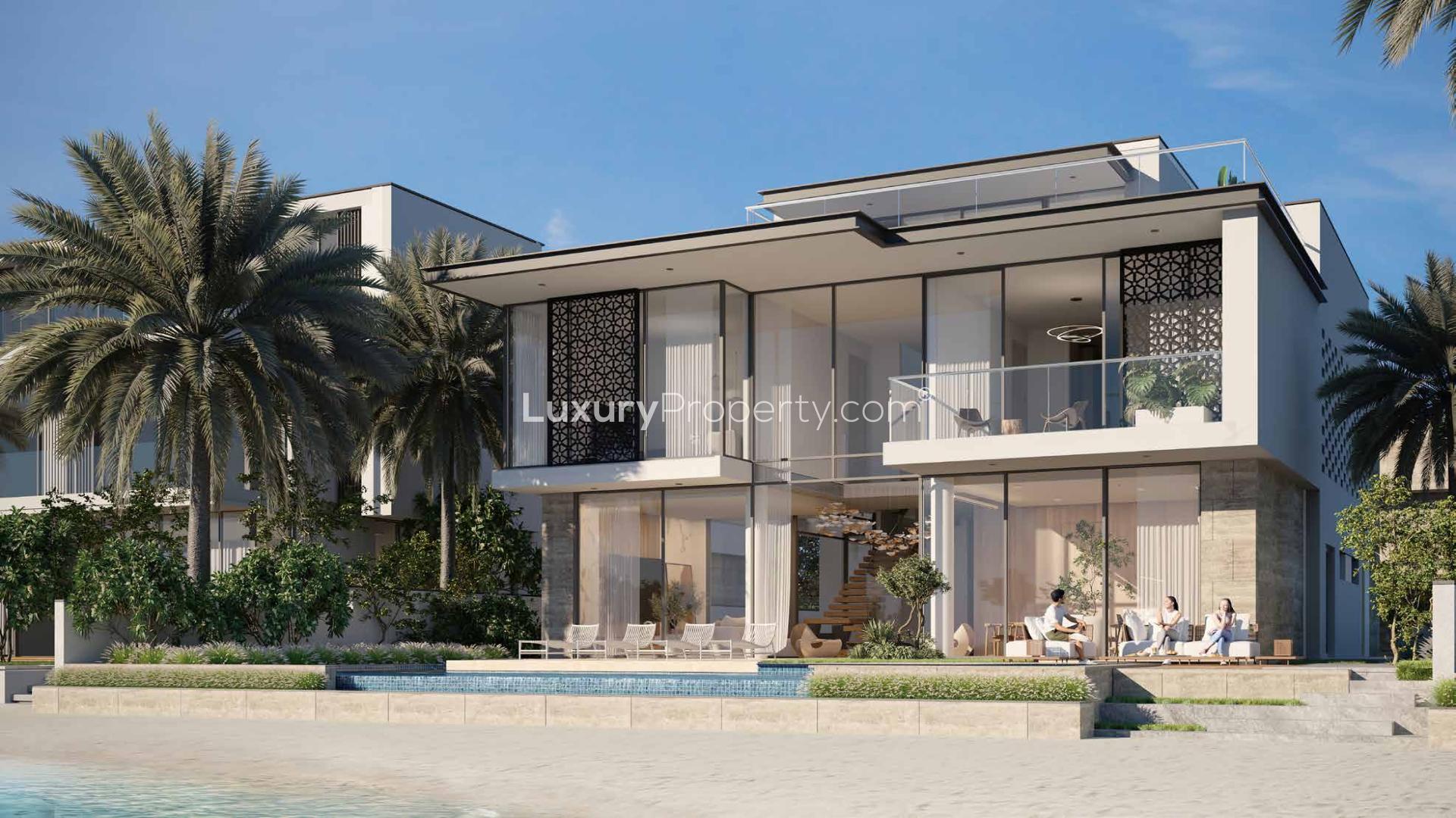 Luxurious living room in Blue Horizon Villa, Palm Jebel Ali, with pool view