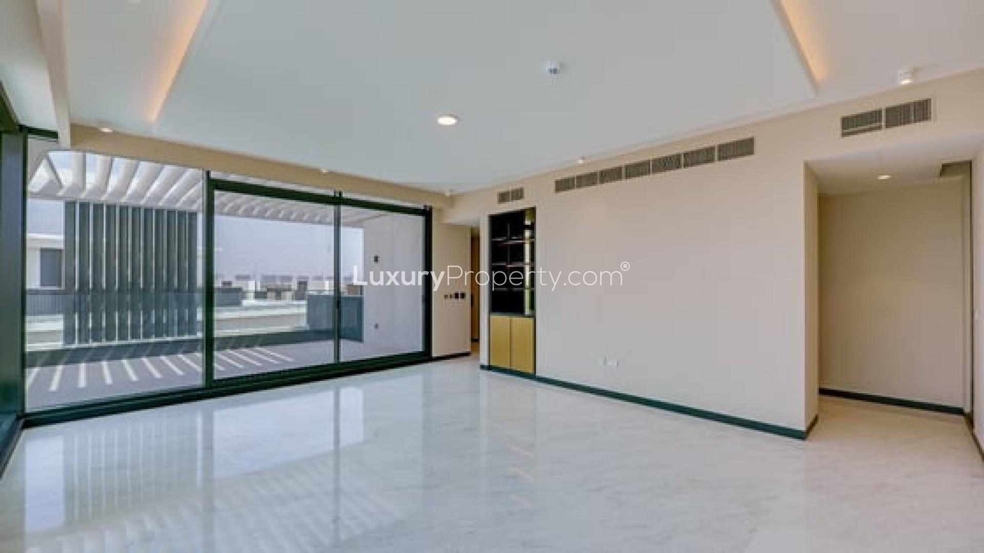 Spacious living room with large windows in luxury mansion, Dubai Hills Estate, Majestic Vistas