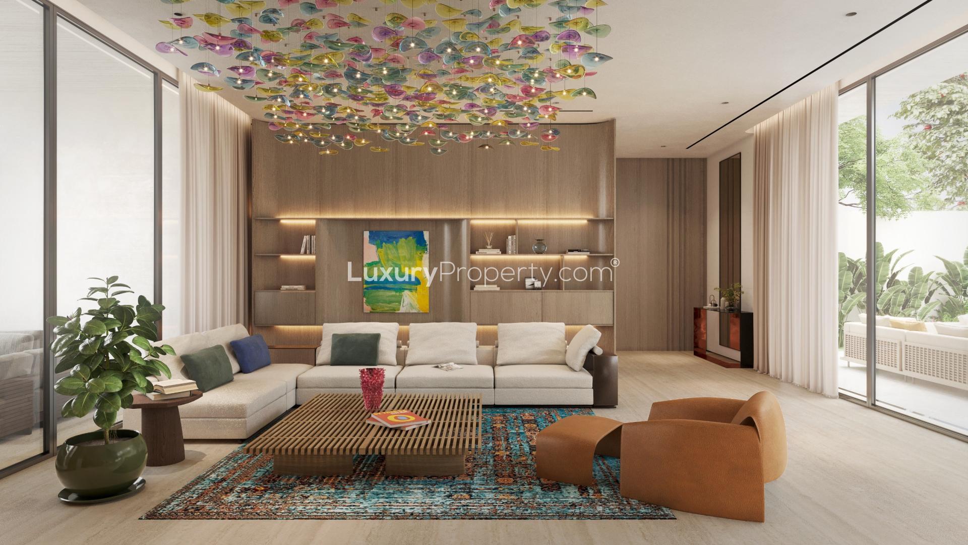 Modern Pearl Jumeirah villa exterior with luxury cars in spacious garage