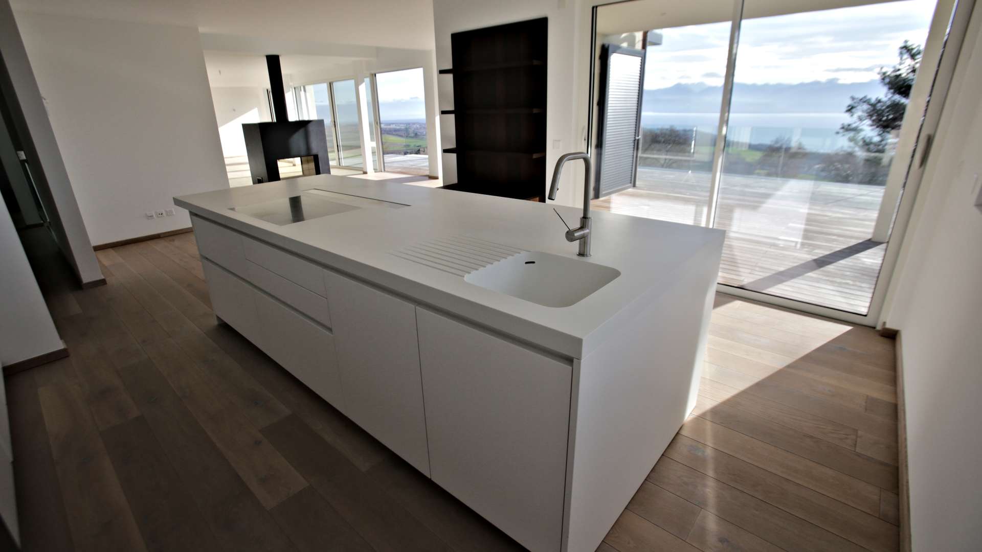 Spacious living area with lake views in Bougy-Villars villa, Vaud, Switzerland