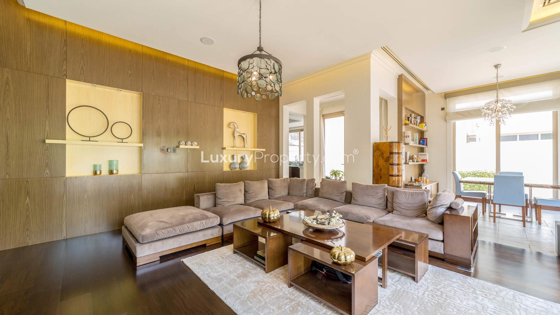 Luxurious living room in six-bedroom villa, Bromelia, Al Barari, with elegant furnishings