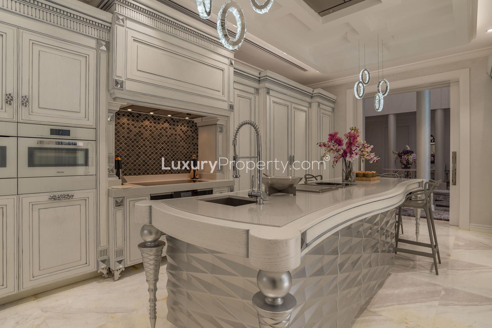 Luxurious dining area in fully furnished villa, Al Barari, with pool view