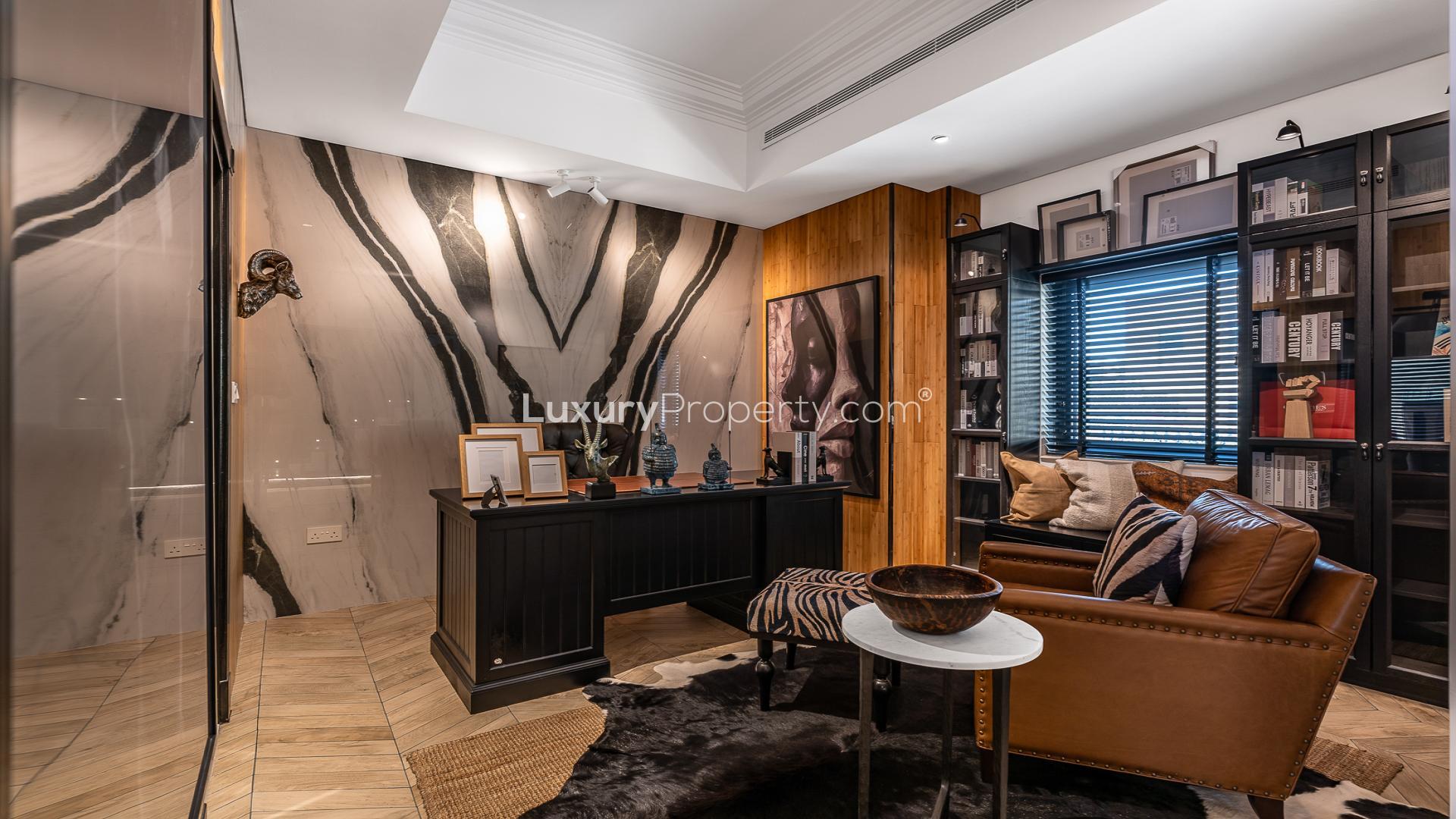 Luxurious study room in six-bedroom villa, Al Furjan North Village, featuring elegant decor