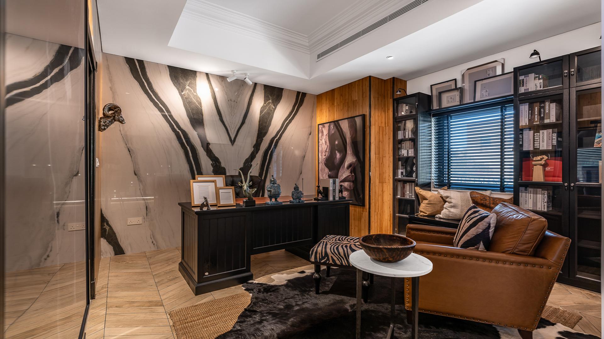 Luxurious study room in six-bedroom villa, Al Furjan North Village, featuring elegant decor