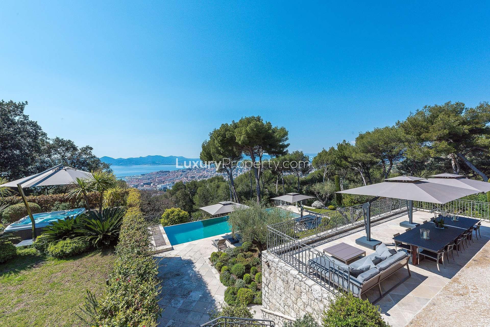 Luxurious Cannes villa bedroom with stunning sea view, French Riviera, for sale