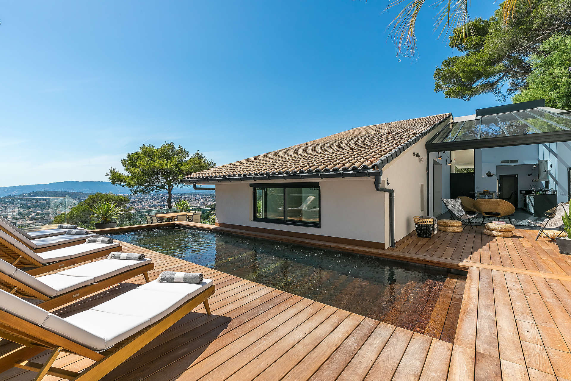 Modern dining area with sea view in luxury Cannes villa, French Riviera