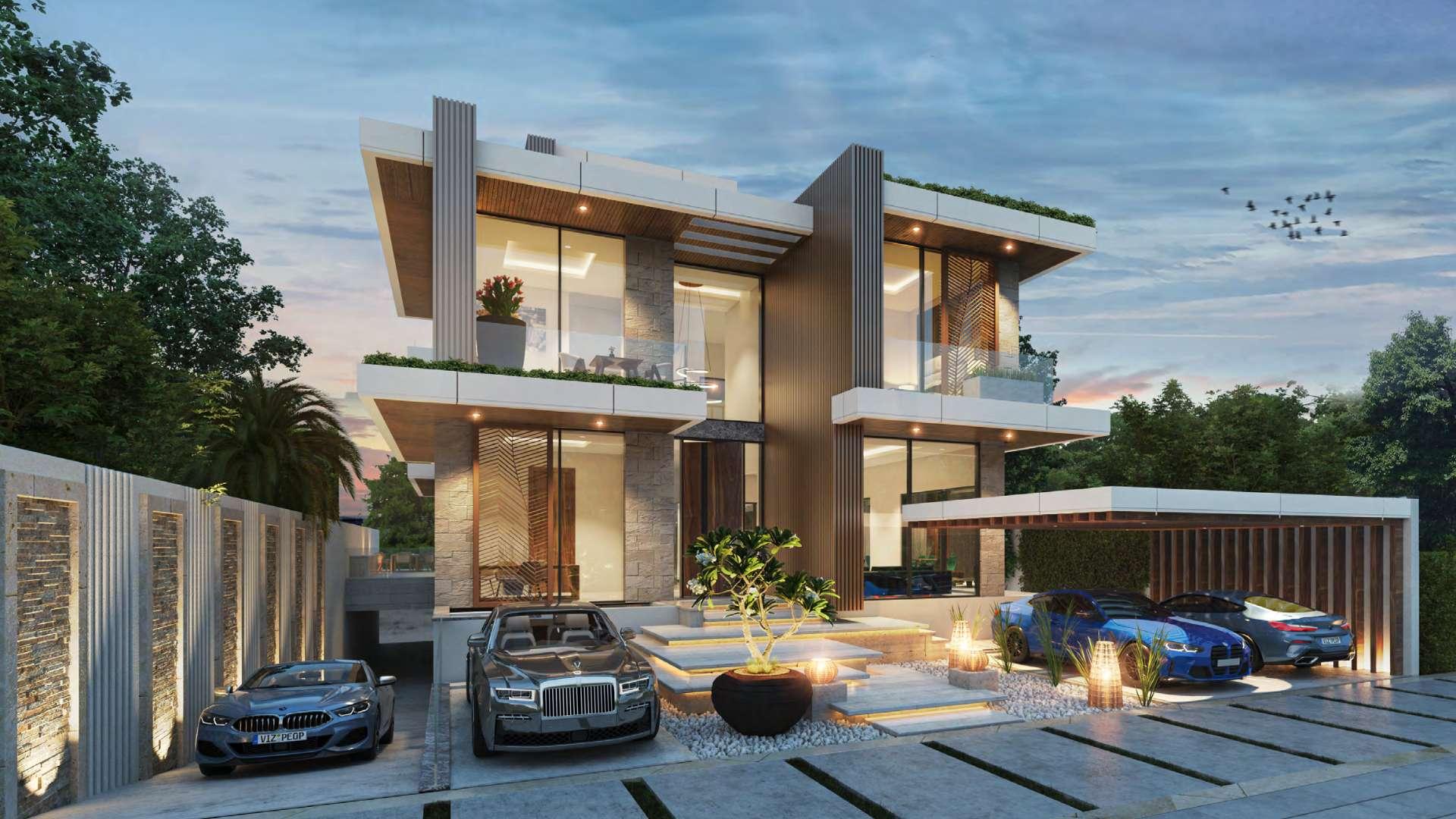 Luxurious villa exterior at Cavalli Estates, Damac Hills, with modern design and landscaped driveway