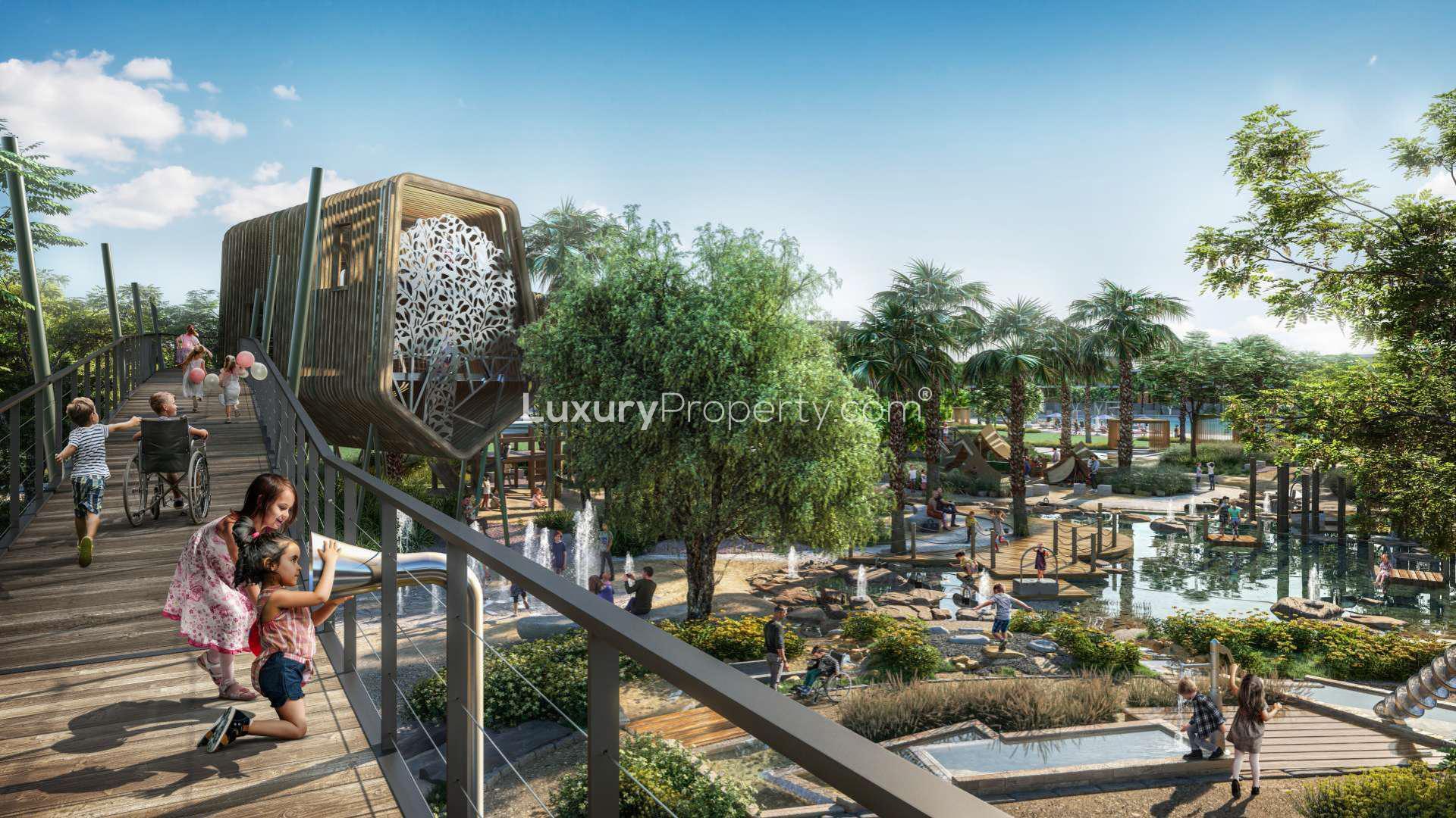 Luxury villa gym with modern equipment and pool view in Elysian Mansions, Tilal Al Ghaf