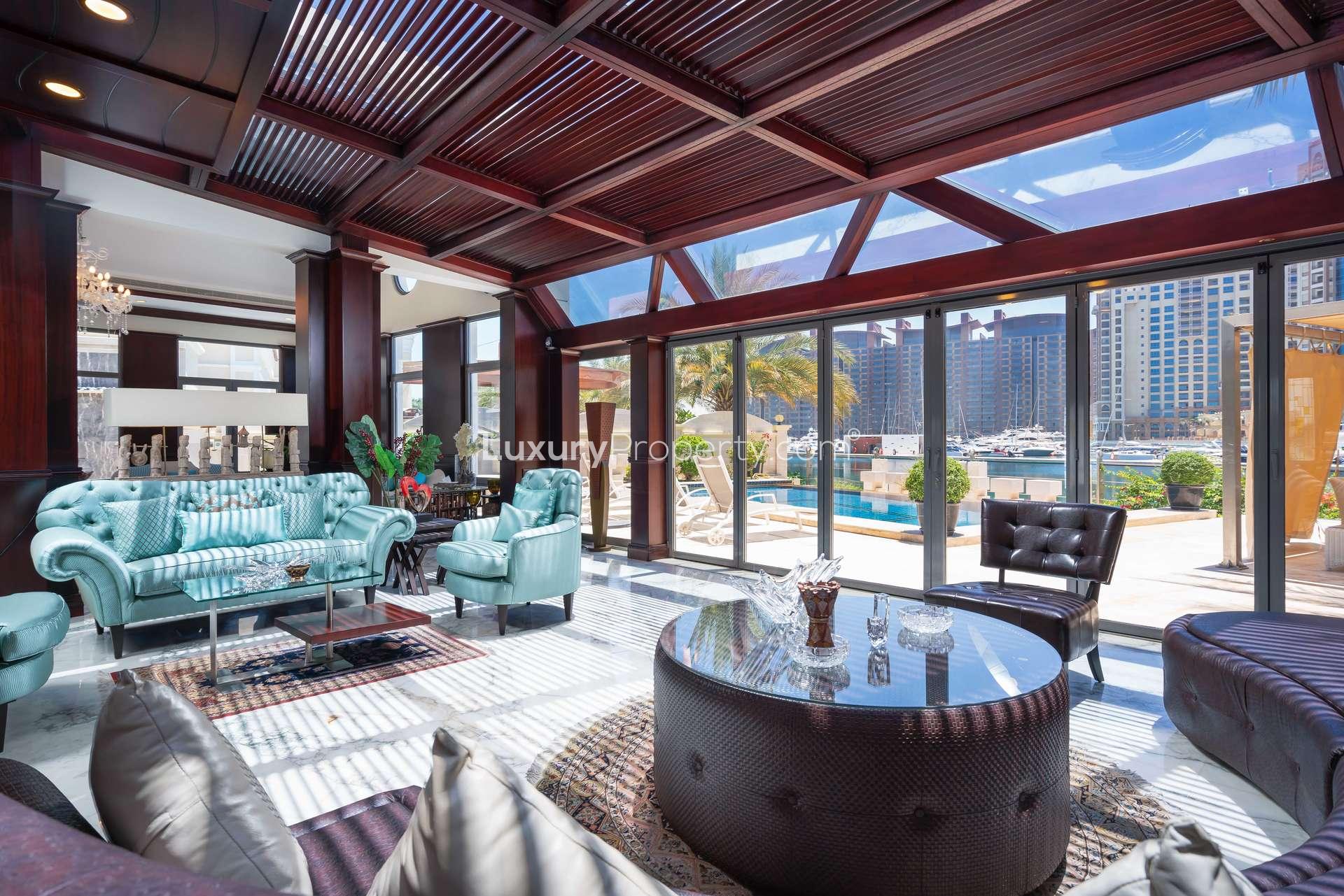 Luxurious bathroom in Palm Jumeirah villa with elegant double sinks and marble countertop