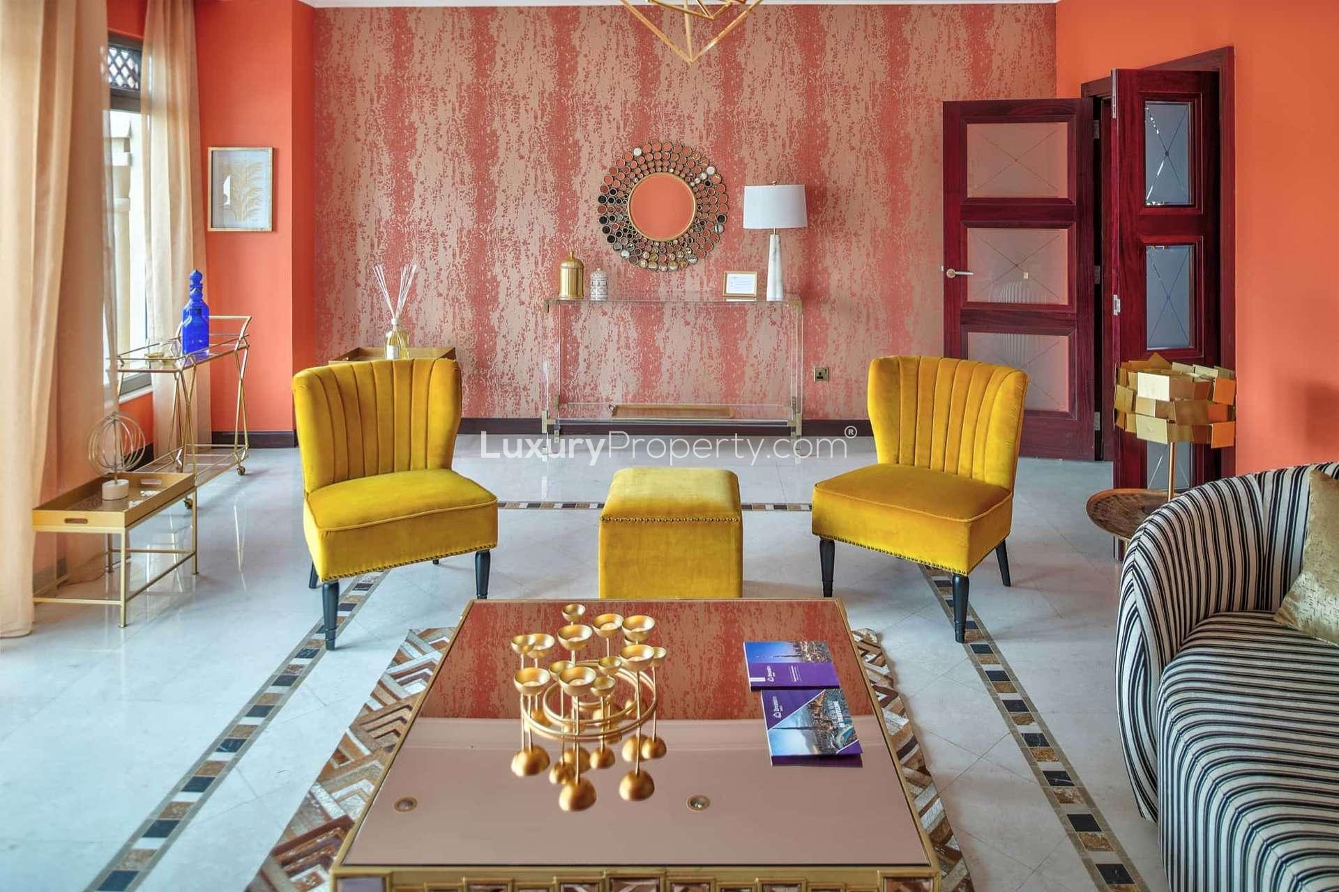 Elegant bathroom in furnished villa, Garden Homes, Palm Jumeirah, with modern fixtures and mirror