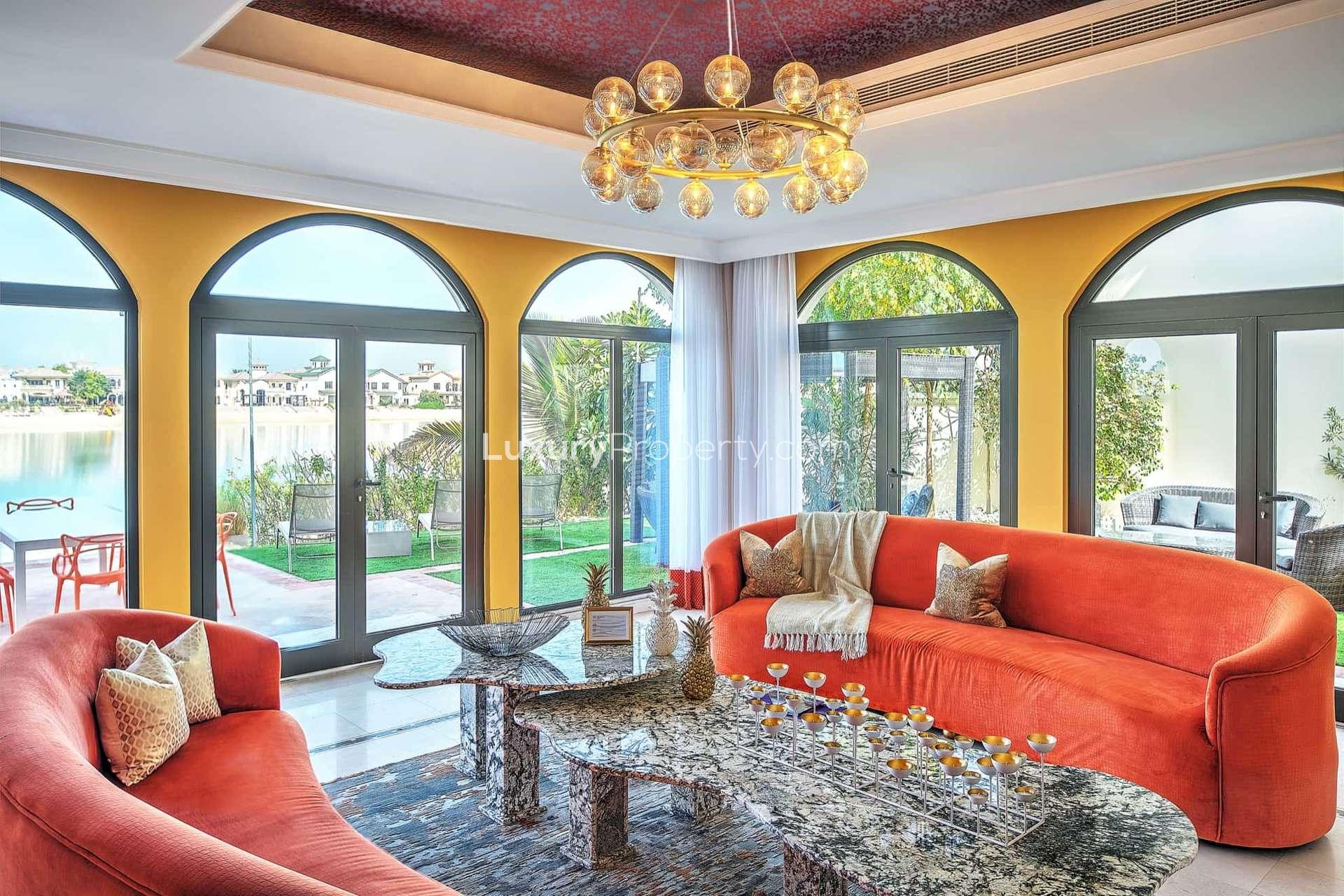 Elegant Mediterranean villa exterior in Garden Homes, Palm Jumeirah for rent