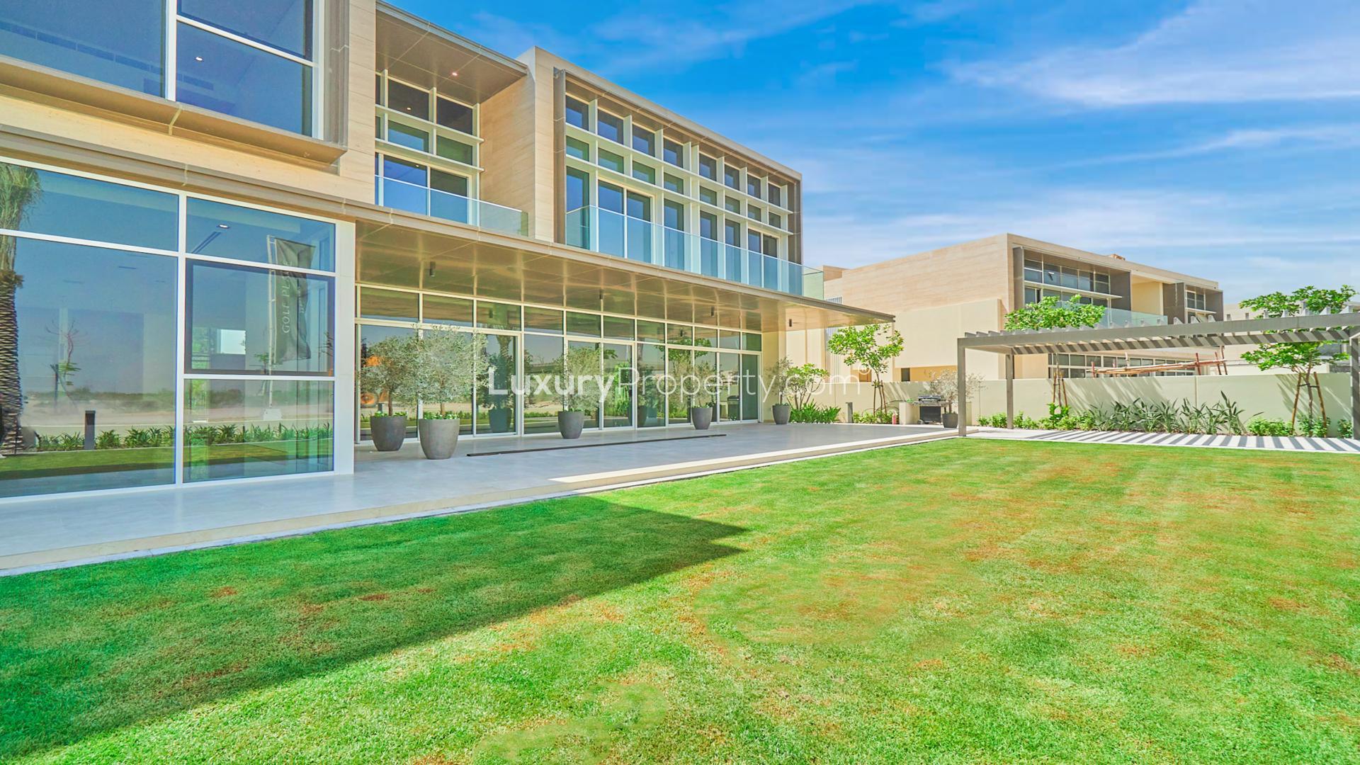 Exterior view of luxury villa in Dubai Hills Estate, Golf Place, with landscaped garden