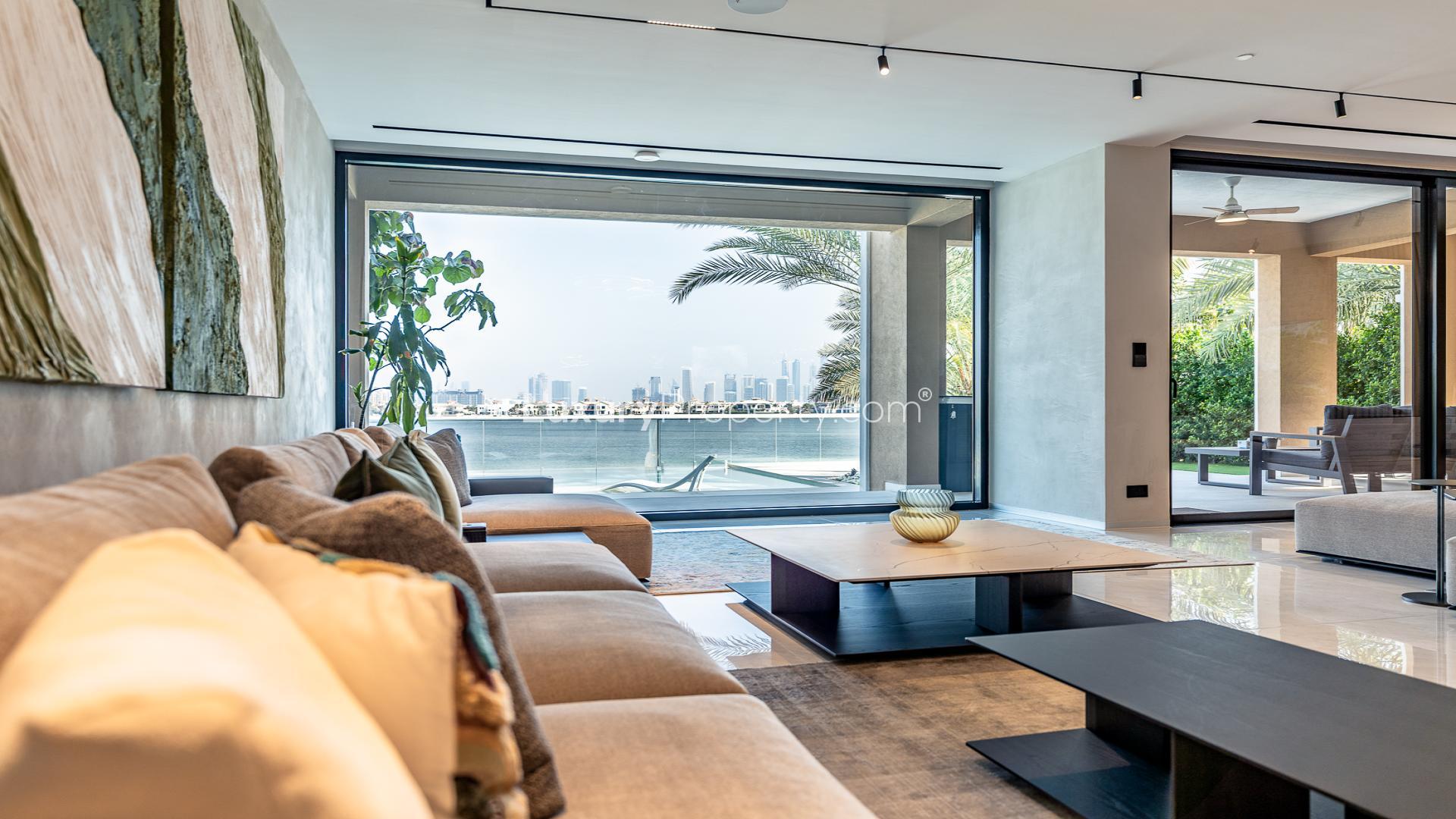 Luxurious villa pool with city skyline view, Palm Jumeirah, Kingdom of Sheba