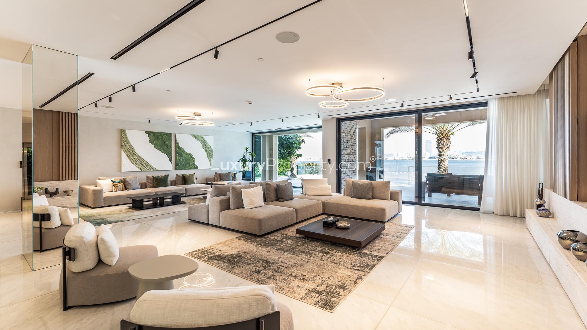 Luxurious villa living room with ocean view in Palm Jumeirah, Kingdom of Sheba