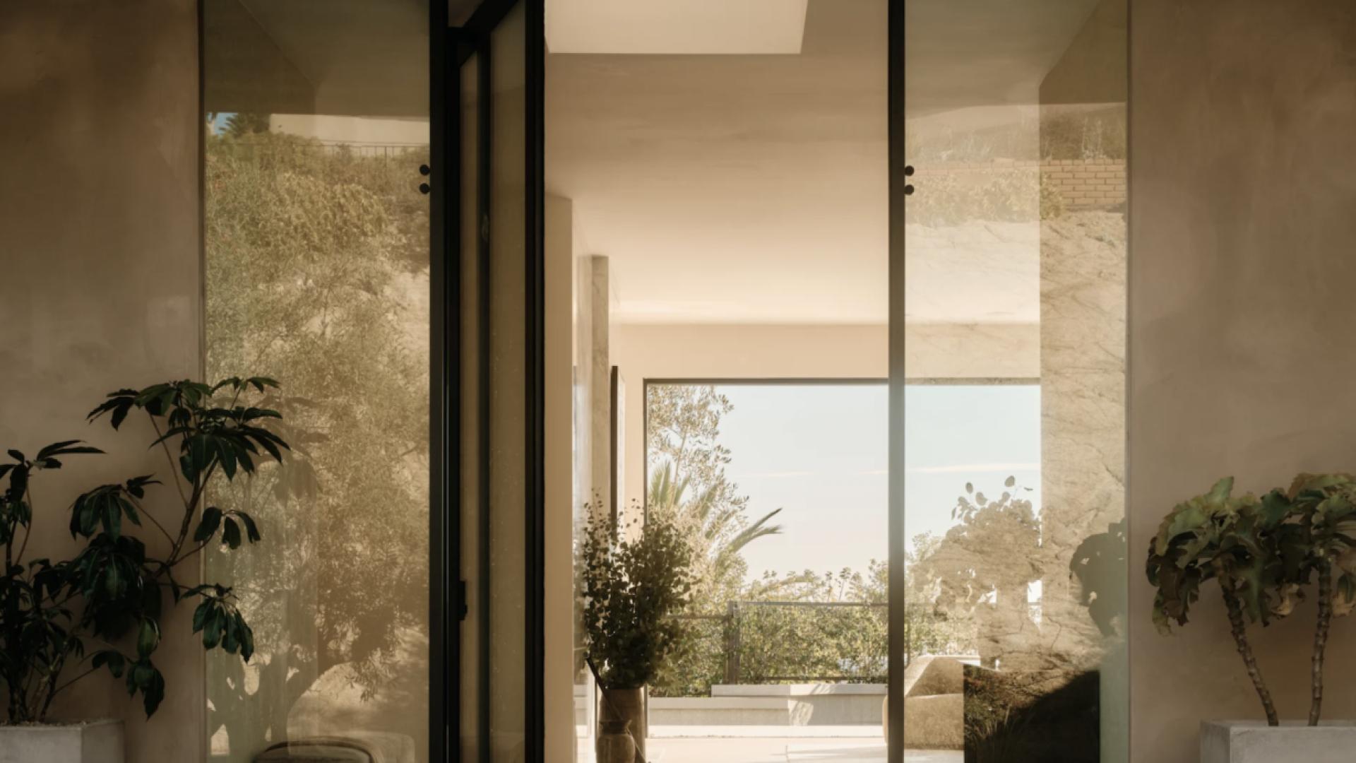 Organic modern villa exterior with trees and luxury car in Beverly Hills, California