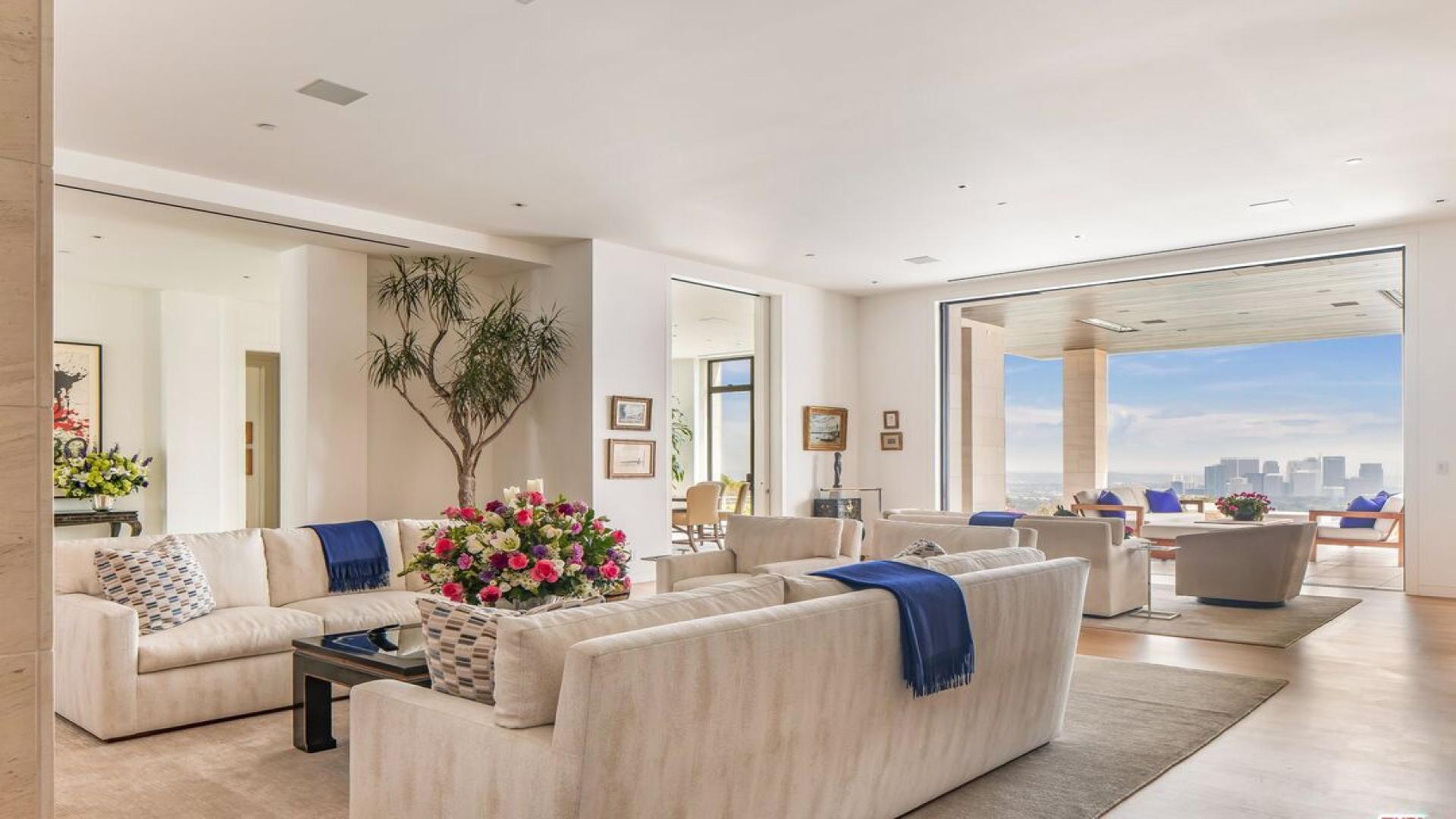 Luxurious living room in Beverly Hills villa with city view and elegant decor