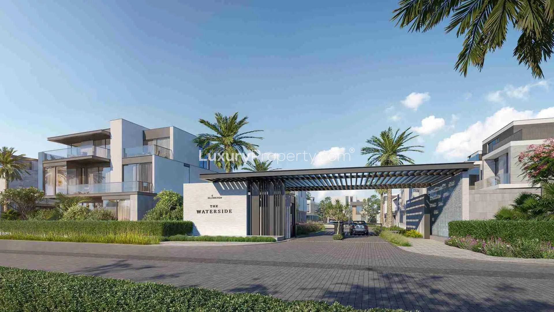 "Luxury waterfront villas in The Sanctuary, Mohammed Bin Rashid City, with stunning lake views.",Entrance to The Sanctuary Waterside Villas in Mohammed Bin Rashid City, Dubai