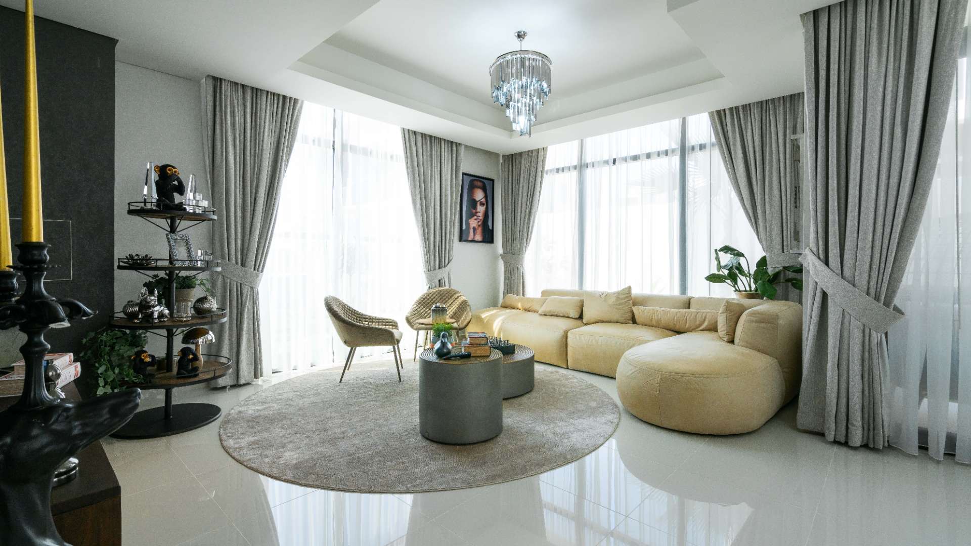 Six-bedroom villa exterior with balconies in Juniper Cluster, Akoya, for sale