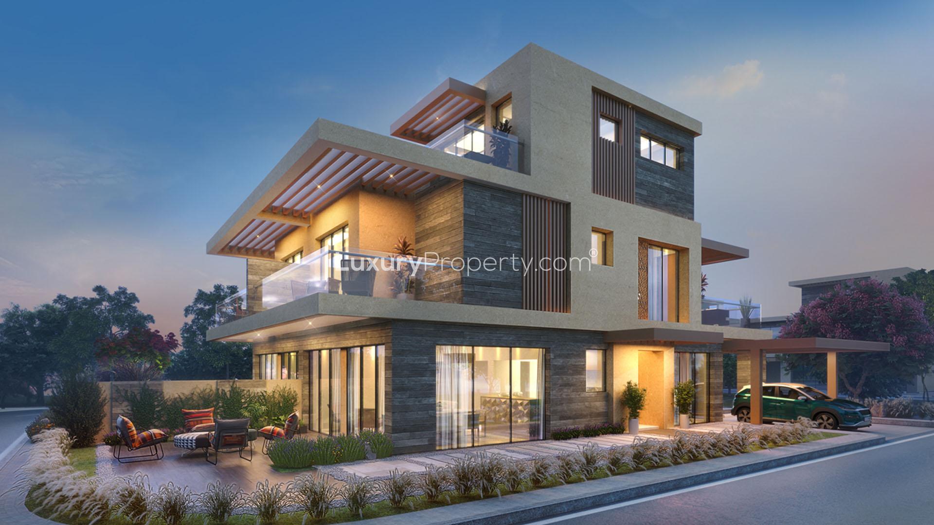 Luxurious bedroom with park view in six-bedroom villa, Damac Hills Legend Villas