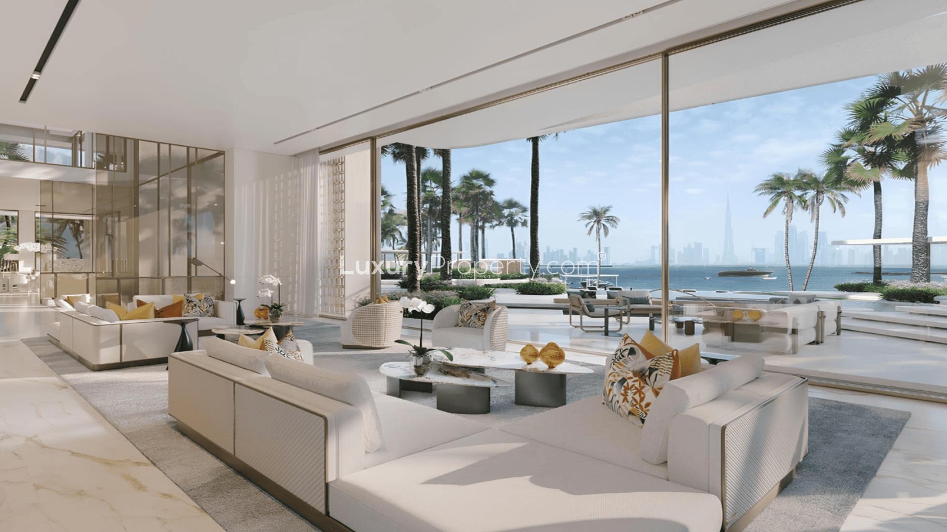 Luxurious villa interior with ocean view on Amali Island, The World Islands, for sale