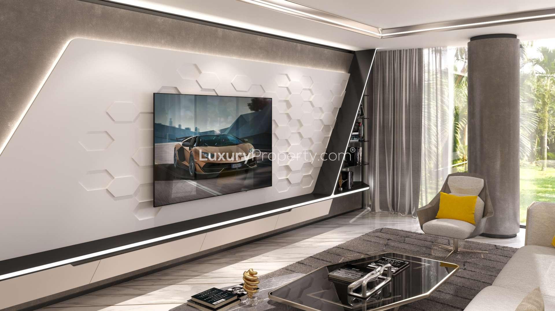 Luxurious living room in 6-bedroom villa, Dubai Hills Vista, with modern decor and large windows