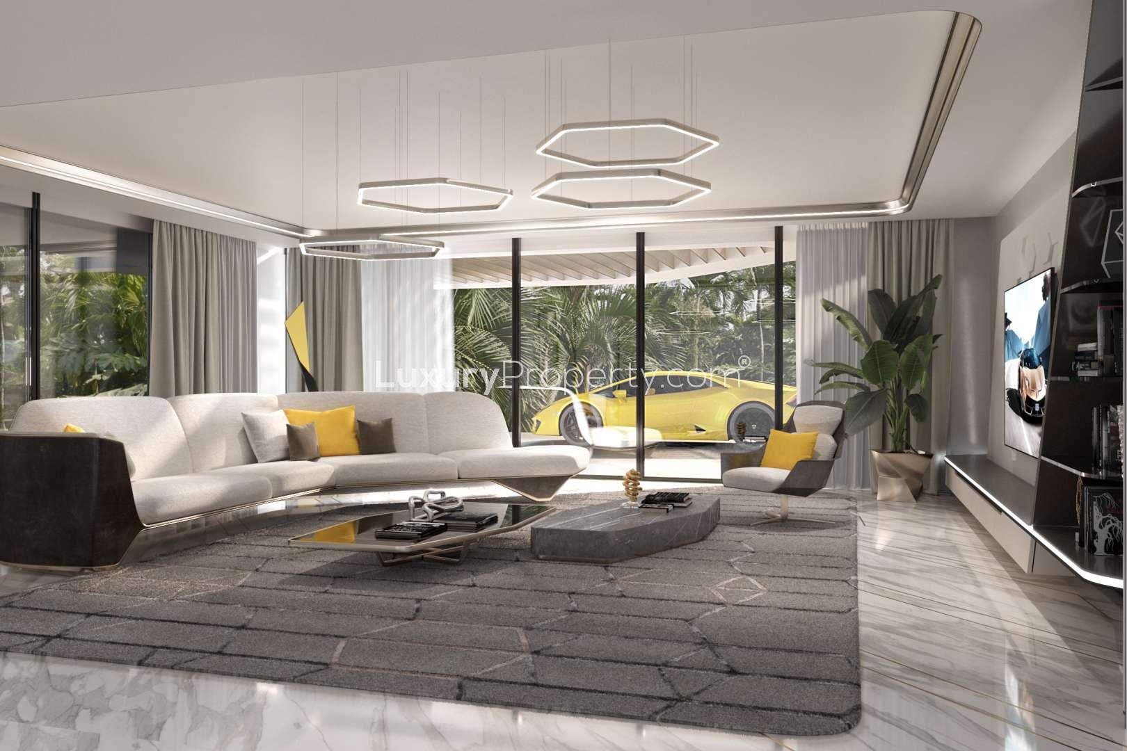 Modern living room in Dubai Hills Vista villa with stylish decor and elegant furnishings