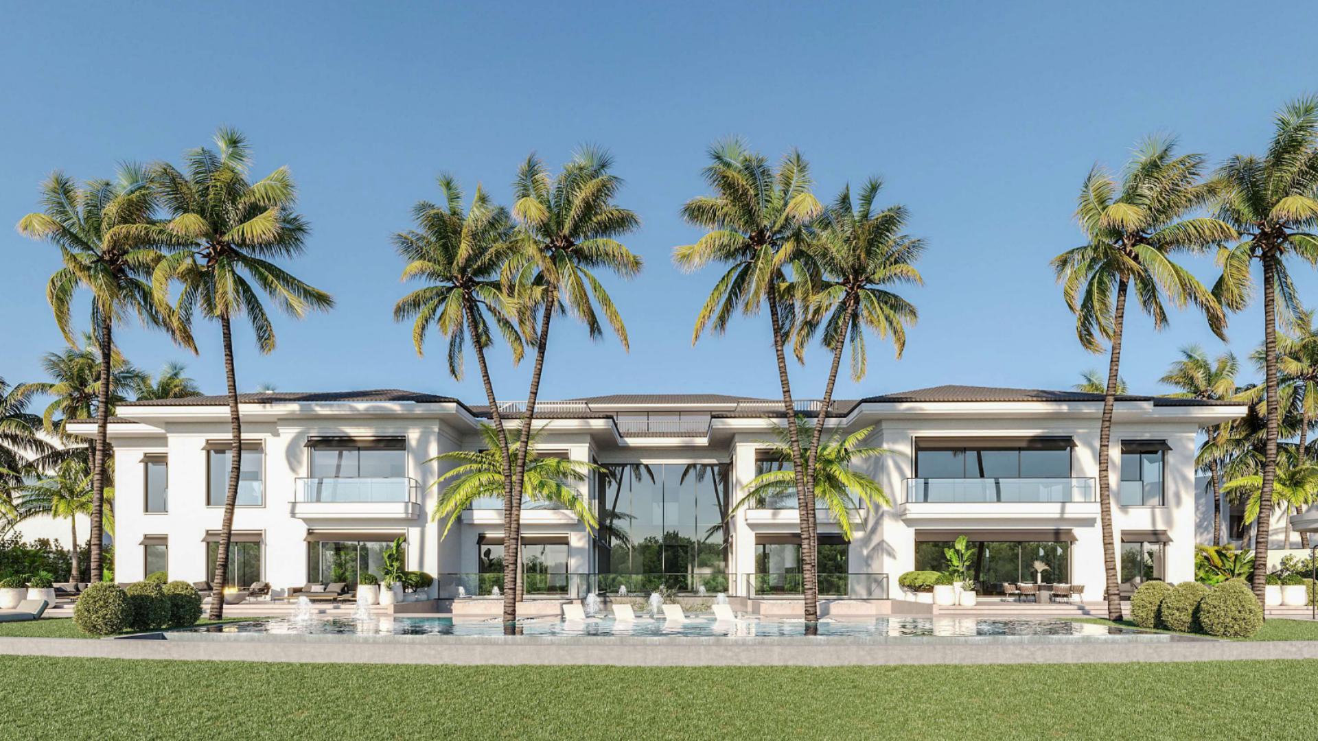 LA-style mega mansion with golf course views in Dubai Hills Estate, lush greenery foreground