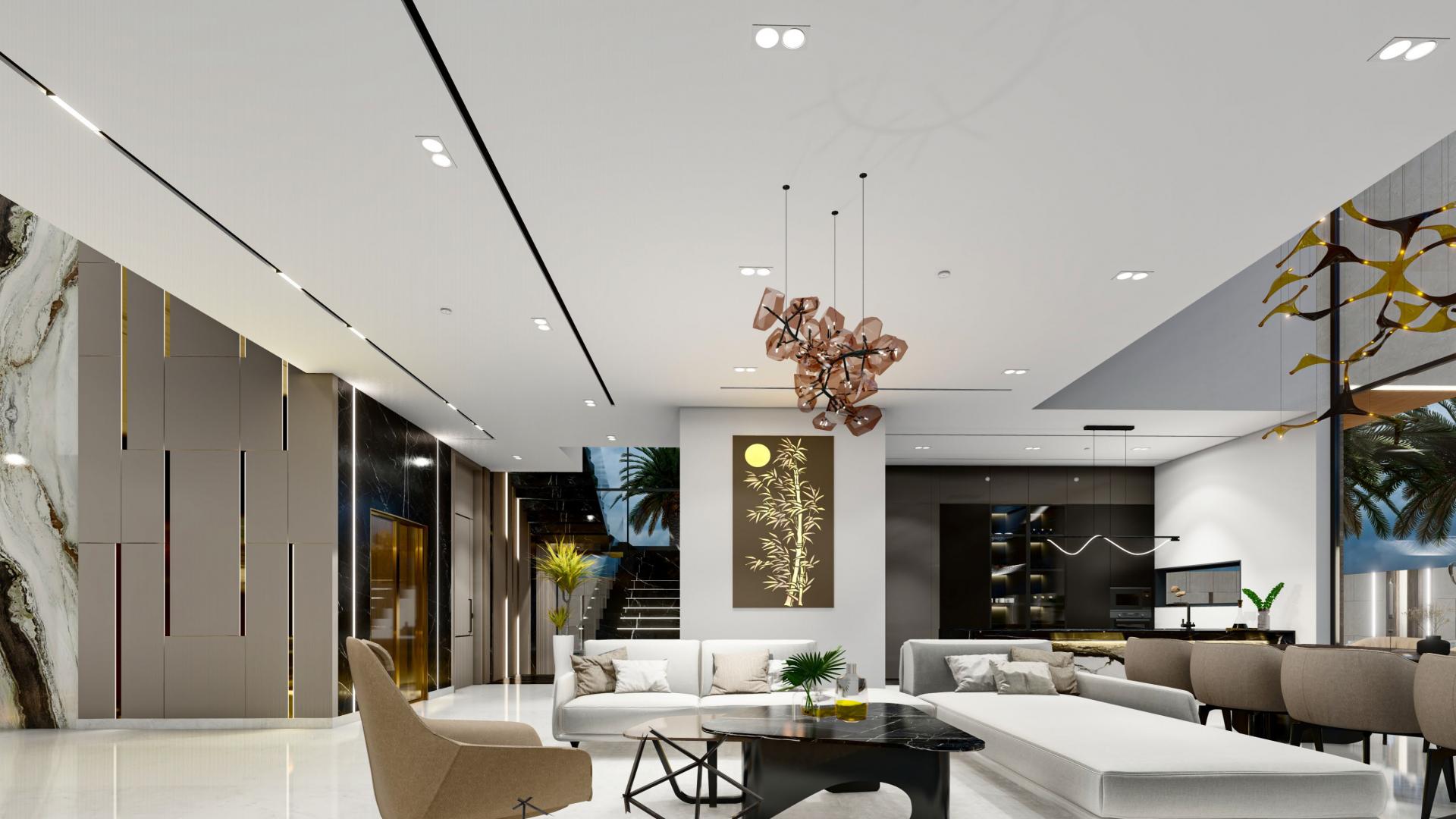 Luxurious living room in brand new contemporary villa, Pearl Jumeirah, with modern decor