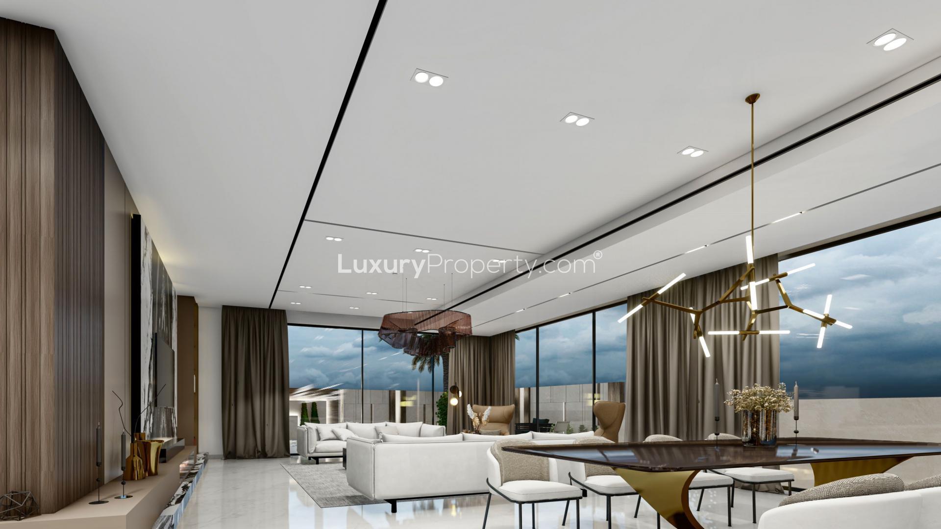 Contemporary villa interior with pool view, Pearl Jumeirah, luxury residential property for sale