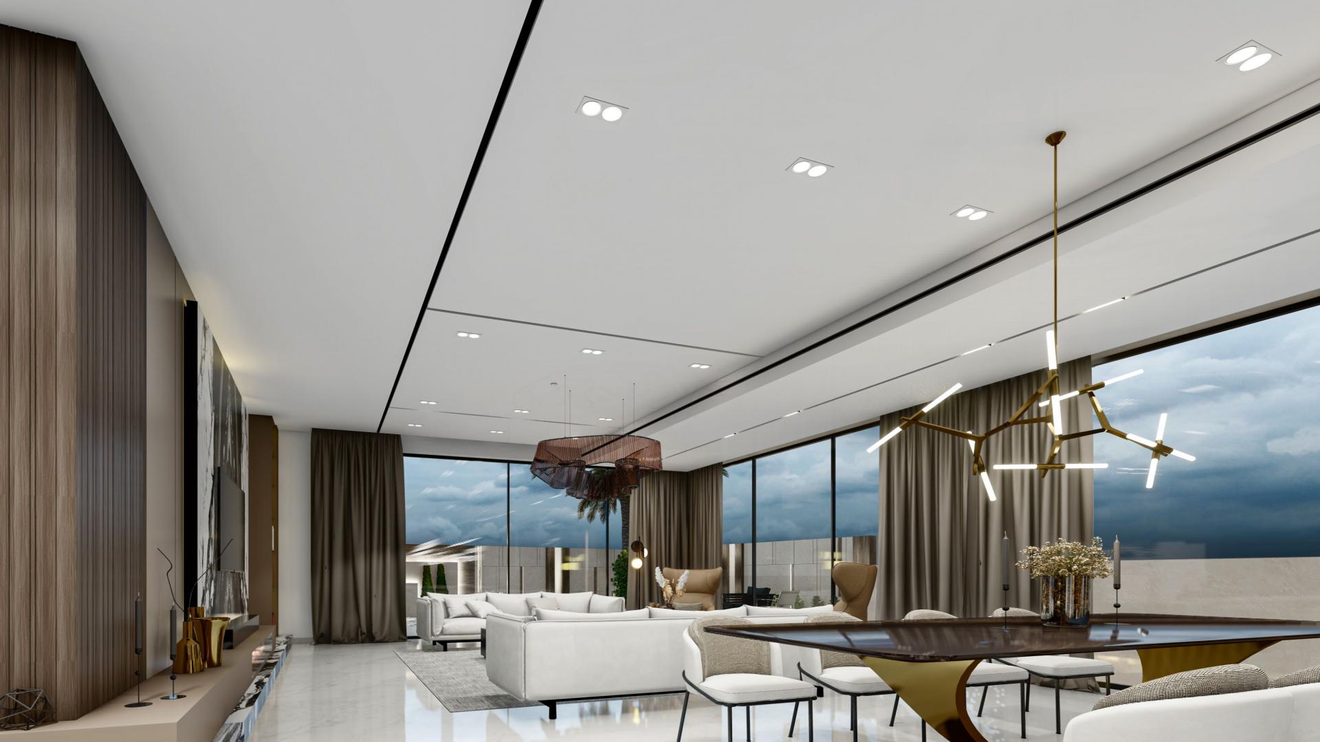 Contemporary villa interior with pool view, Pearl Jumeirah, luxury residential property for sale