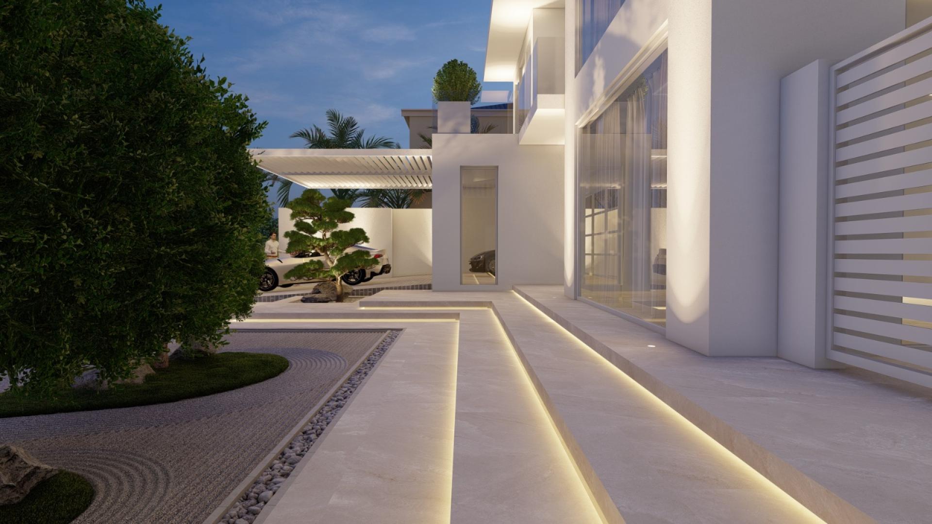 Renovated villa patio with outdoor kitchen and pool, Palm Jumeirah, Frond B