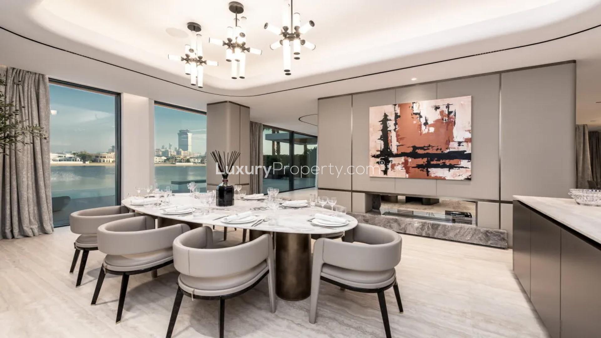 Luxurious living room with waterfront views, modern decor in Garden Homes Villa, Palm Jumeirah