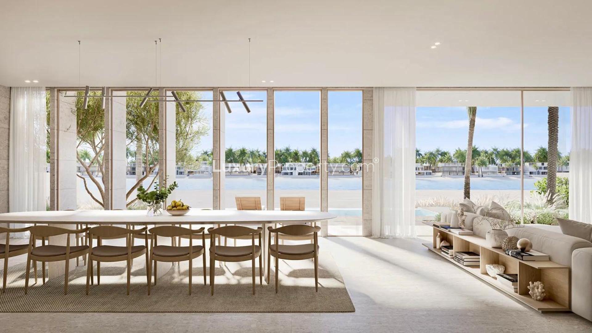 Modern Tropical Mist Villa living area with sea view on Palm Jebel Ali Frond M