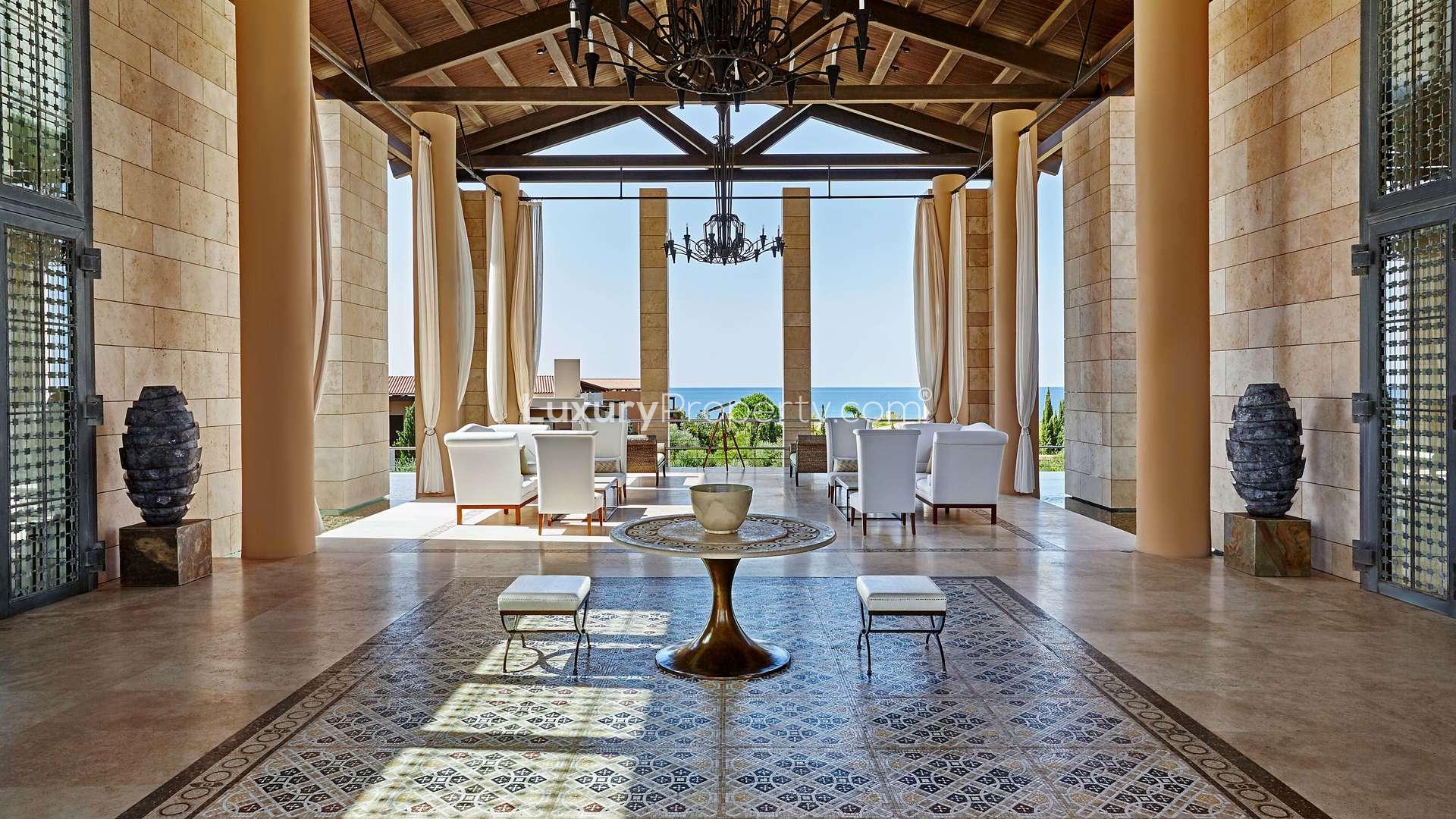 Luxurious beachfront villa terrace with sea view in Navarino Residences, Greece