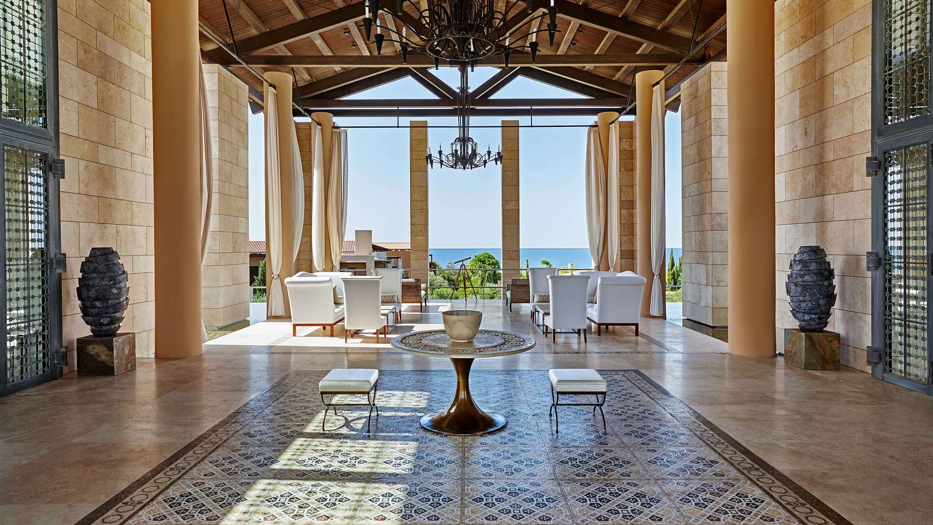 Luxurious beachfront villa terrace with sea view in Navarino Residences, Greece