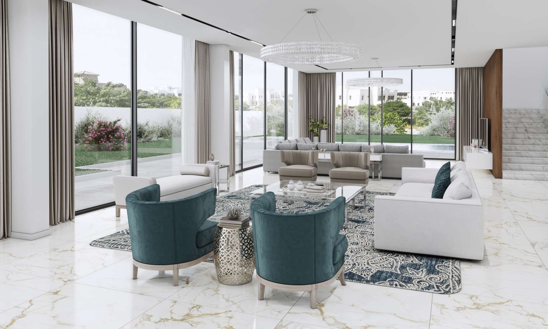 Luxurious Al Barari villa interior with marble floors and garden view through glass doors