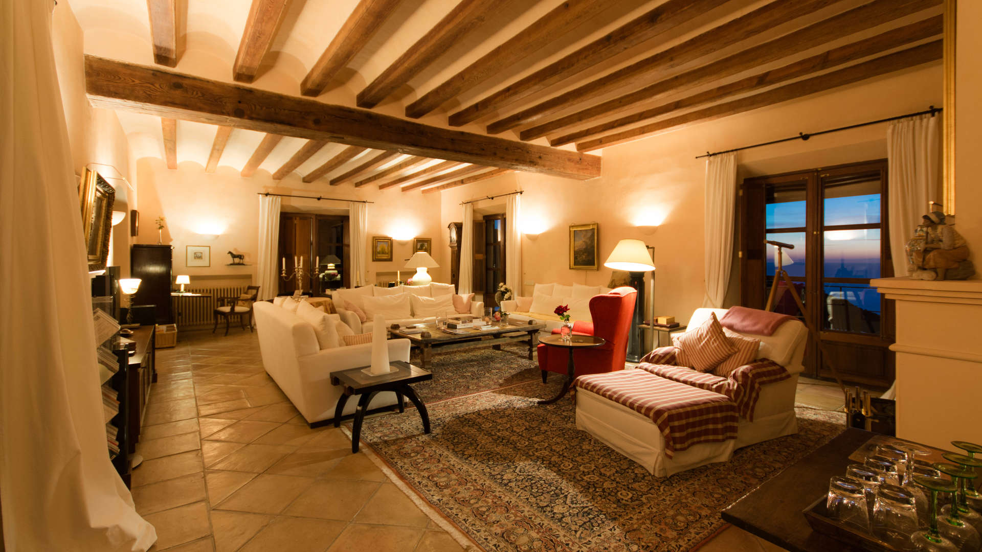 Charming Mallorca villa courtyard at dusk, North Coast Deia, for sale, LP0826