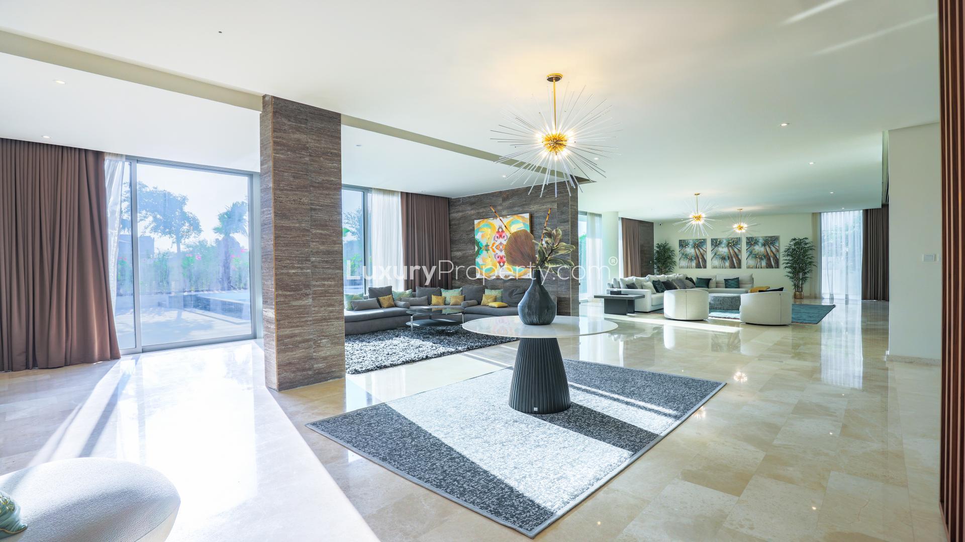 Luxurious living room in 6-bed villa, Dubai Hills Estate, elegant decor and spacious layout