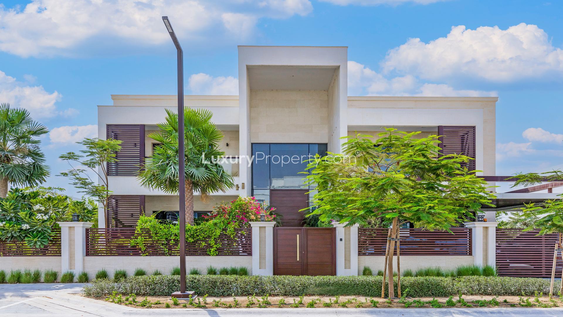 Luxury villa exterior with pool and garden in Dubai Hills Estate, Parkway Vistas