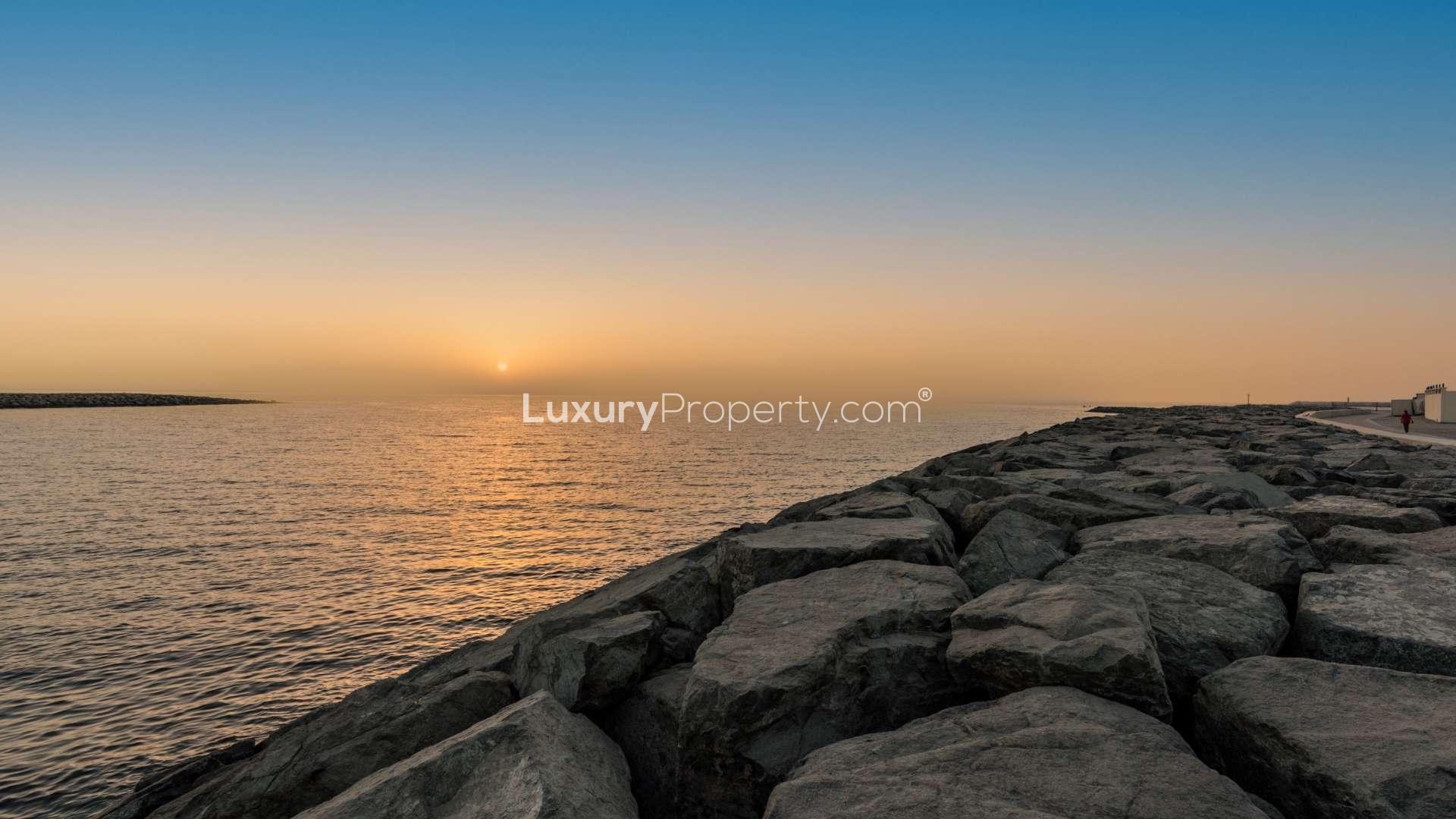 Sunset sea view from waterfront villa in Pearl Jumeirah, Jumeirah community