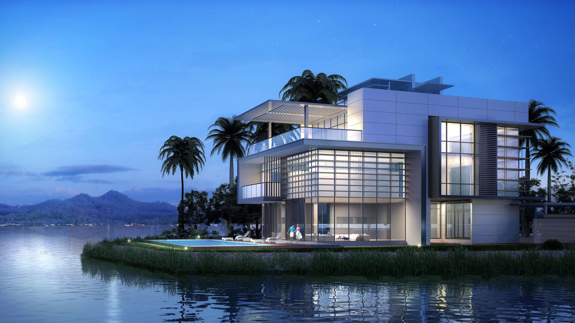 Modern six-bedroom villa exterior in Pearl Villa, Forest City, featuring spacious parking area