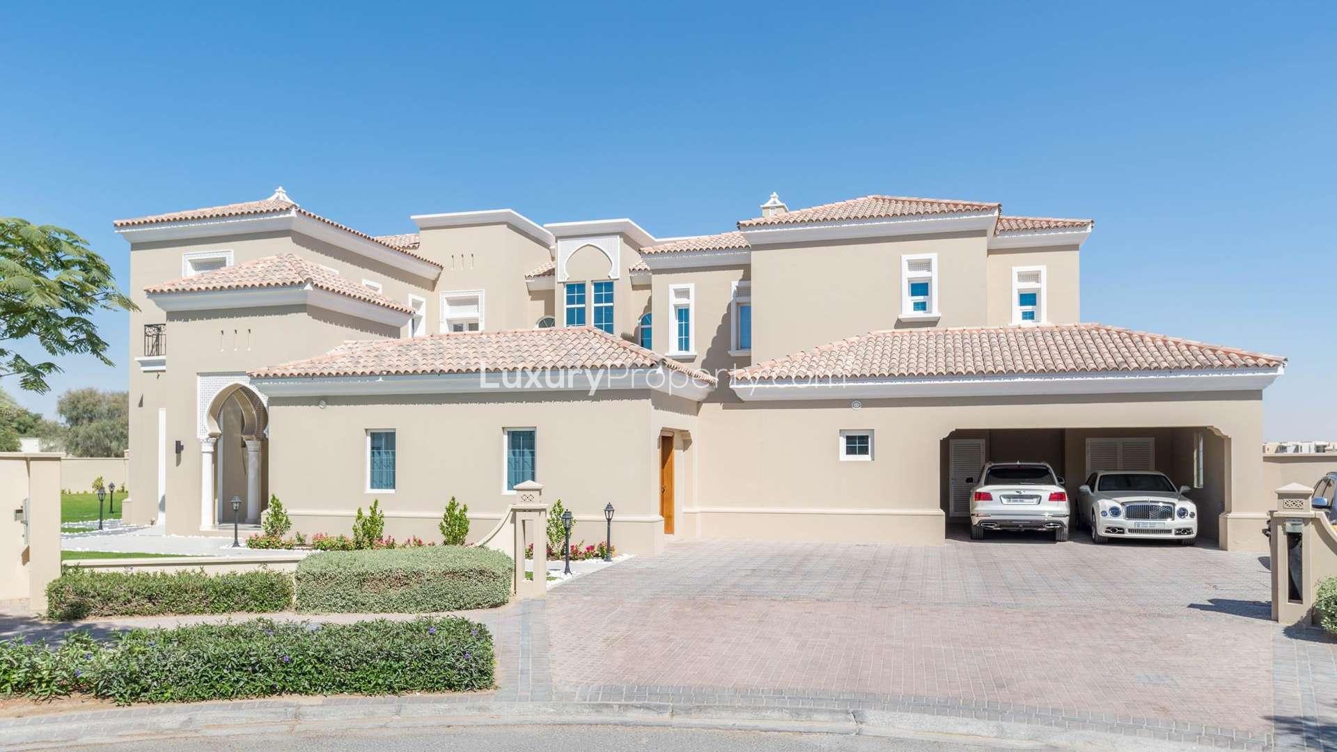Luxurious villa patio with pool view in Polo Homes, Arabian Ranches