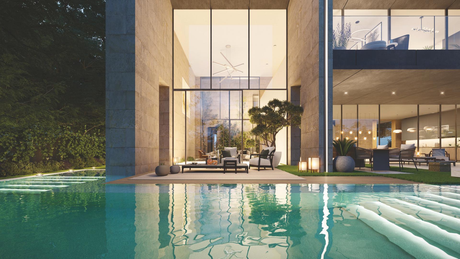 Luxurious villa exterior with poolside view in Serenity Mansions, Tilal Al Ghaf