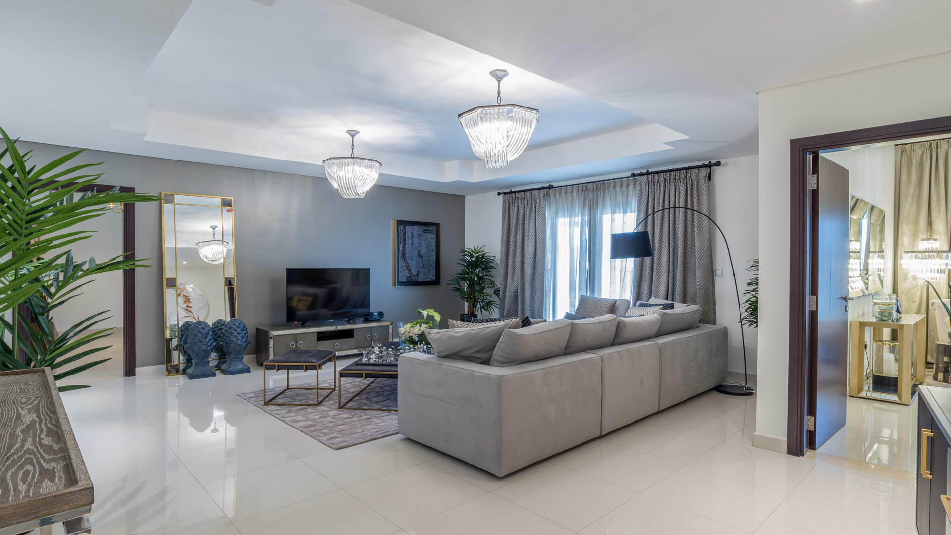 Luxurious entrance hallway in Royal Golf Villas, Jumeirah Golf Estates, featuring elegant decor elements