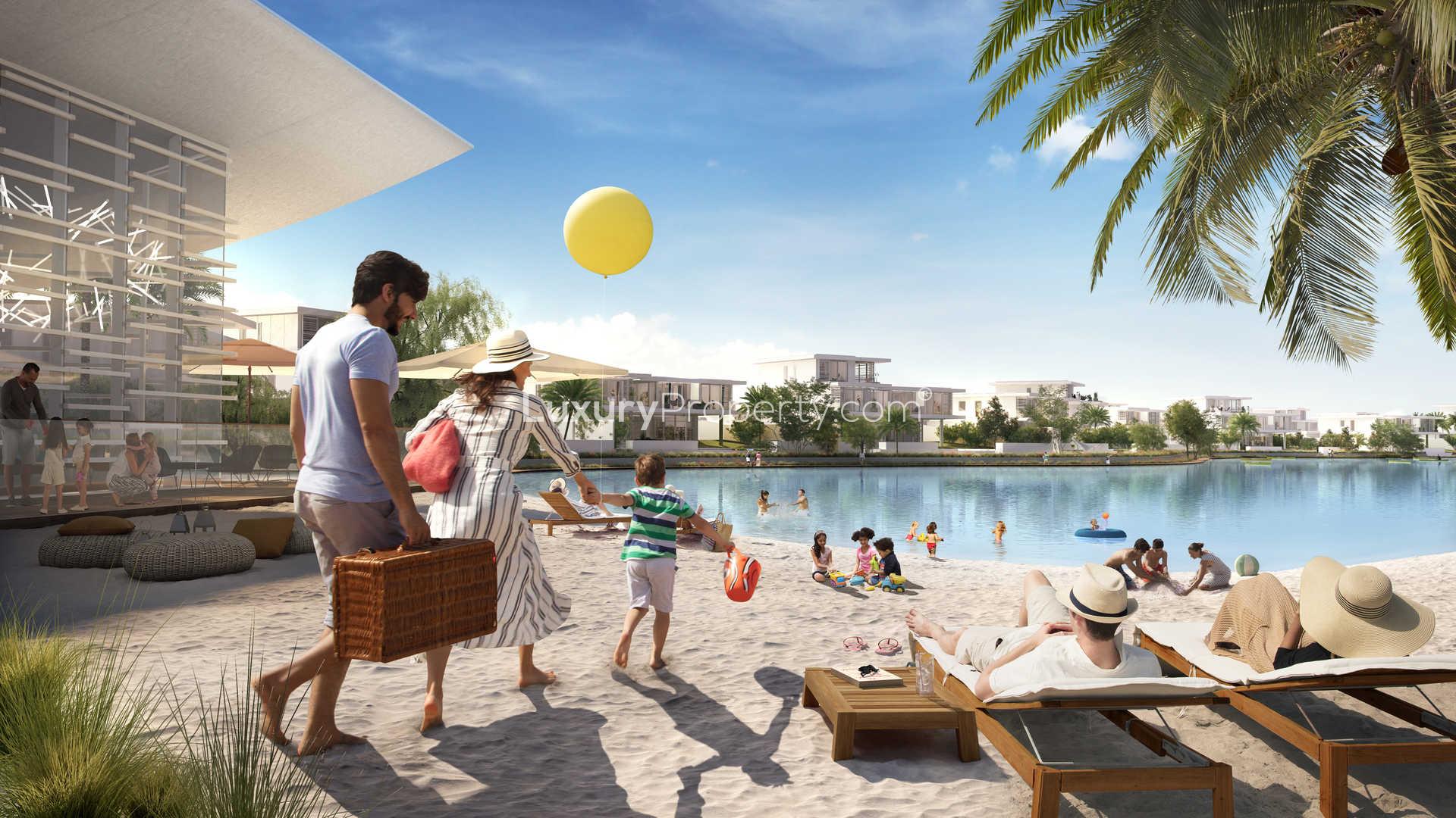 Aerial view of Tilal Al Ghaf waterfront villas in Serenity Mansions community