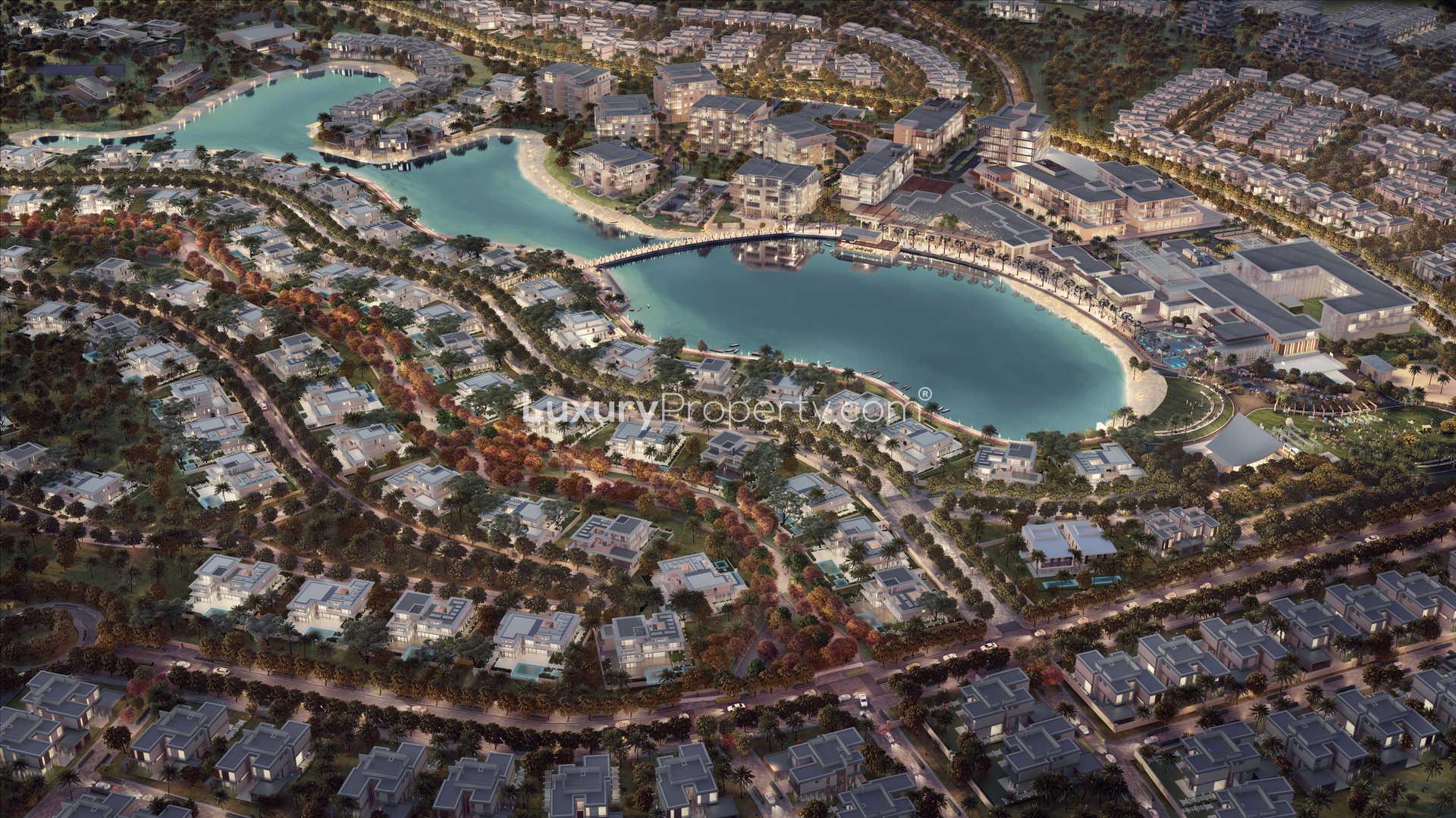 Luxurious six-bed waterfront villa in Tilal Al Ghaf's Serenity Mansions, scenic lake view