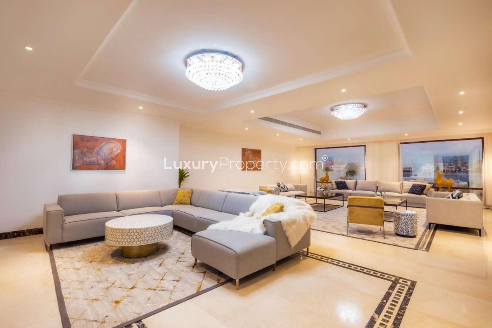 Luxury villa pool with marina views, Palm Jumeirah, modern Arabic architecture